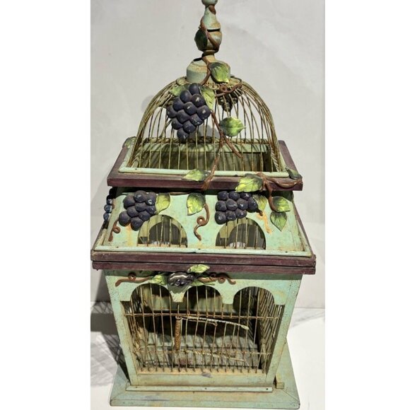 Victorias Vintage And Antiques Metal Wood Grapes Design Bird Cage Light Green OS - Picture 9 of 14